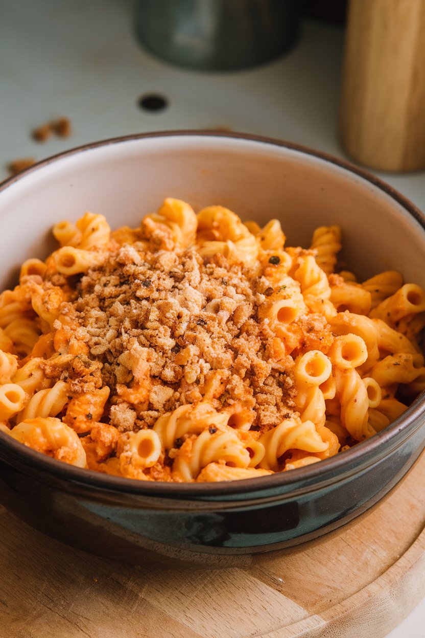 An indoor ceramic bowl of elbow pasta coated in creamy orange butternut sauce, breadcrumb topping sprinkled. No logos or text. Photo.