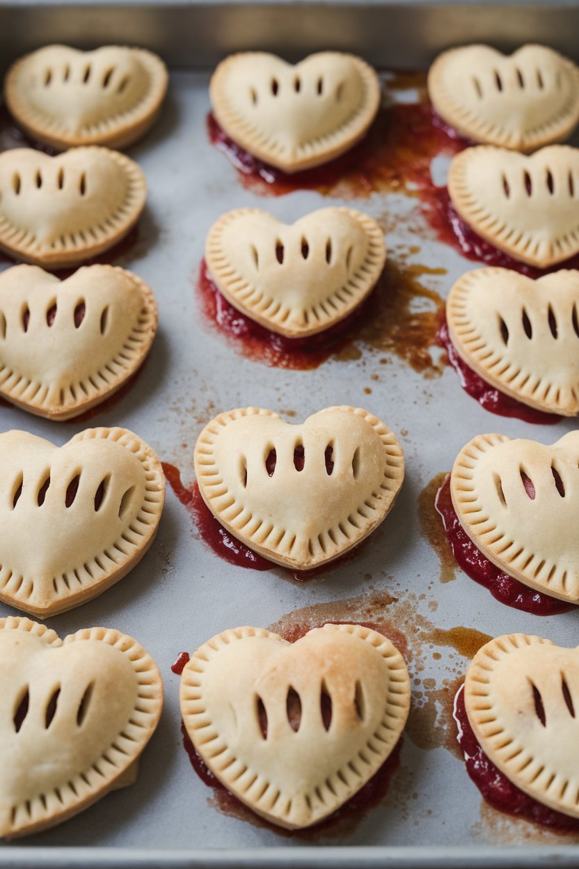 An indoor baking tray lined with heart-shaped hand pies, vents cut on top, edges crimped, juices bubbling slightly. Photo, no text or logos.
