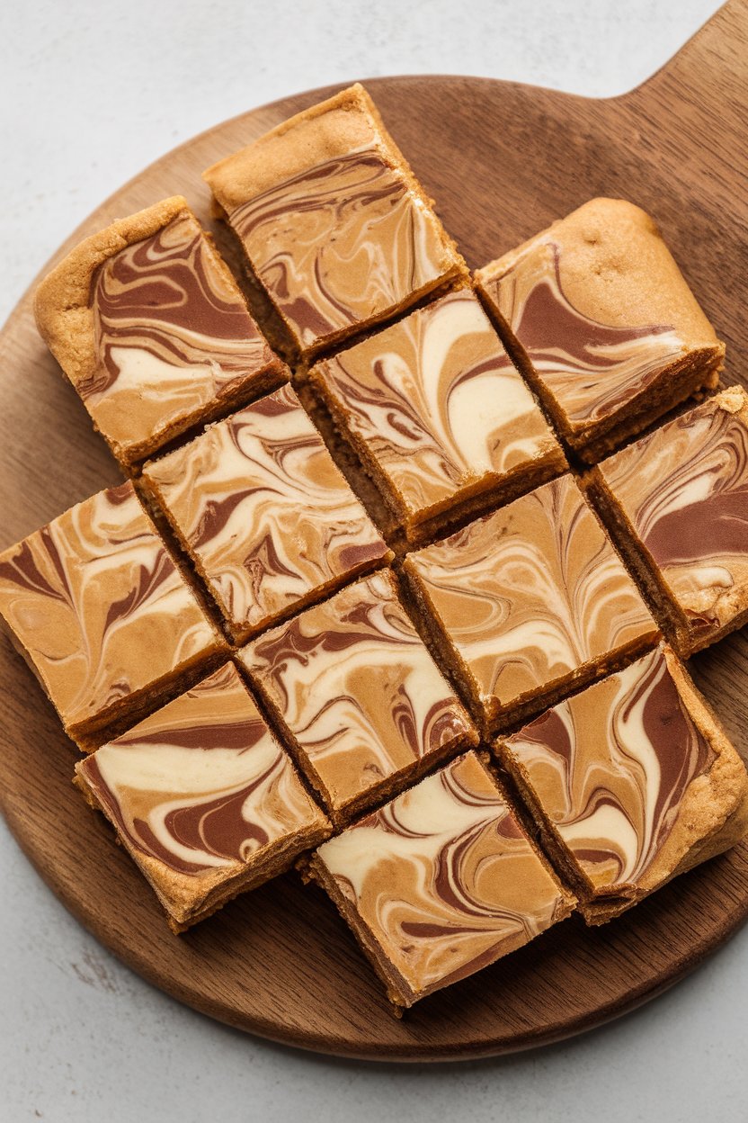 An indoor wooden board with thick blondie squares, cookie butter swirls visible on top. No text or logos; photo, not illustration.