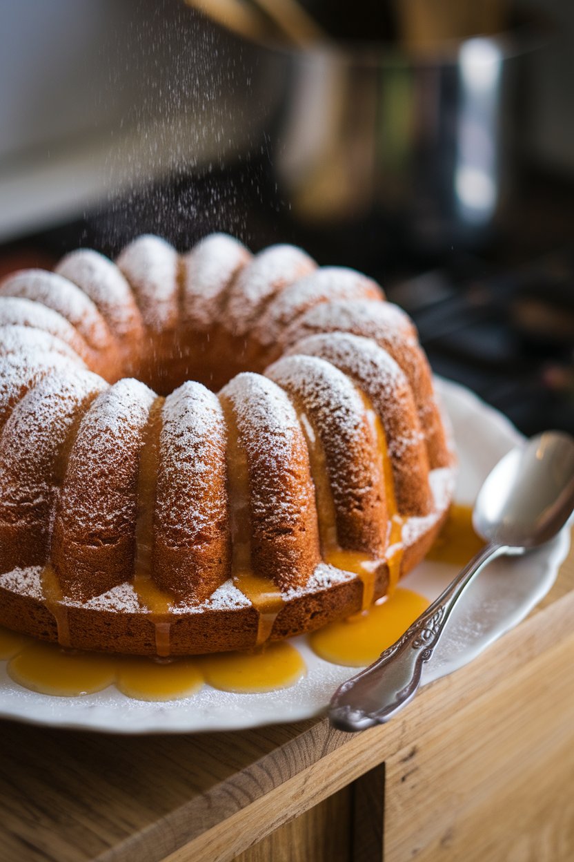 Indoor shot of a Bundt dusted with powdered sugar and drizzled with passion-fruit rum syrup; no text or logos.