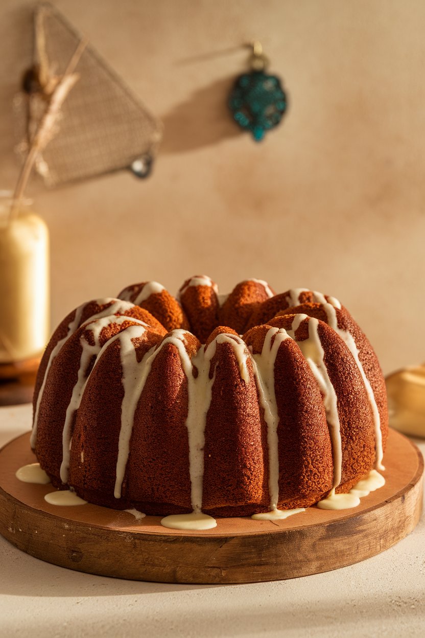Photo of a deep-red king cake with cream-cheese glaze and colored sugar; indoor lighting; no text or logos.