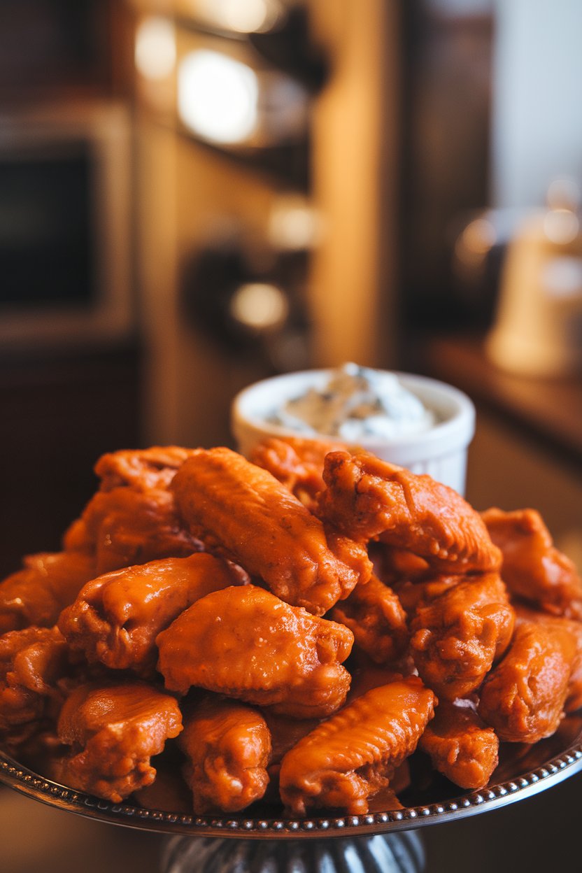 Indoor photo of a platter piled high with cooked chicken wings coated in bright orange Buffalo sauce, a ramekin of blue cheese dressing in the background. Warm kitchen lighting, no text or logos anywhere in the scene.