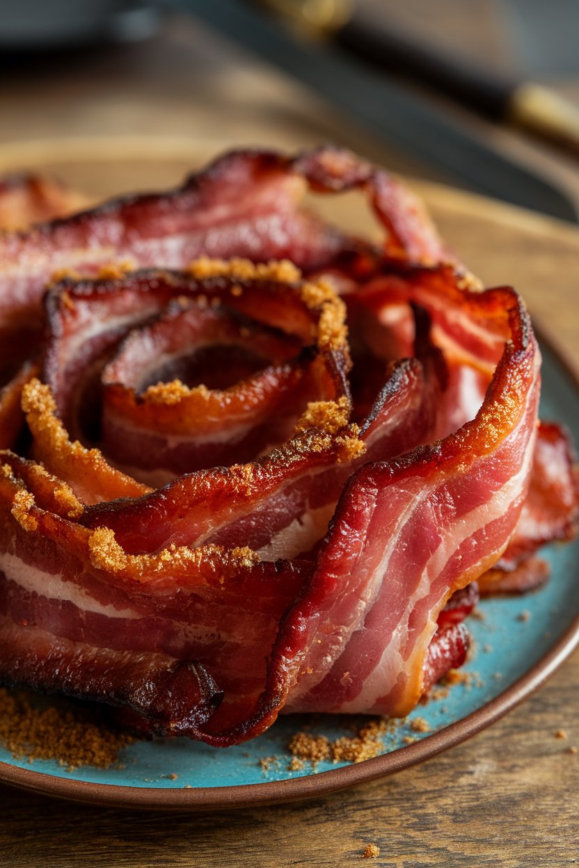 Indoor photo of caramelized bacon strips twisted and baked, glossy with brown sugar, no text or logos.