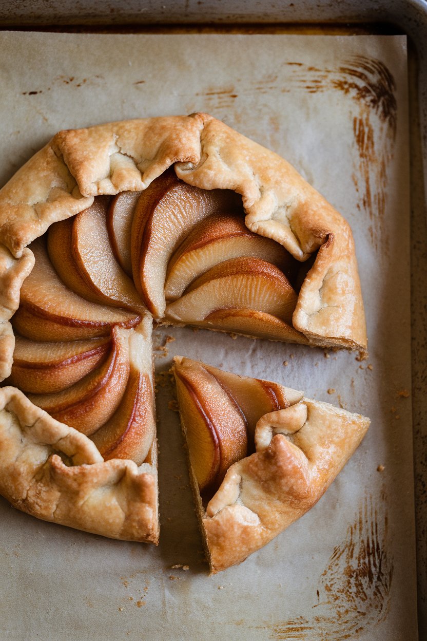 Photo of rustic pear galette with flaky crust and caramelized edges on an indoor baking sheet, slice removed to show filling. No text or logos.