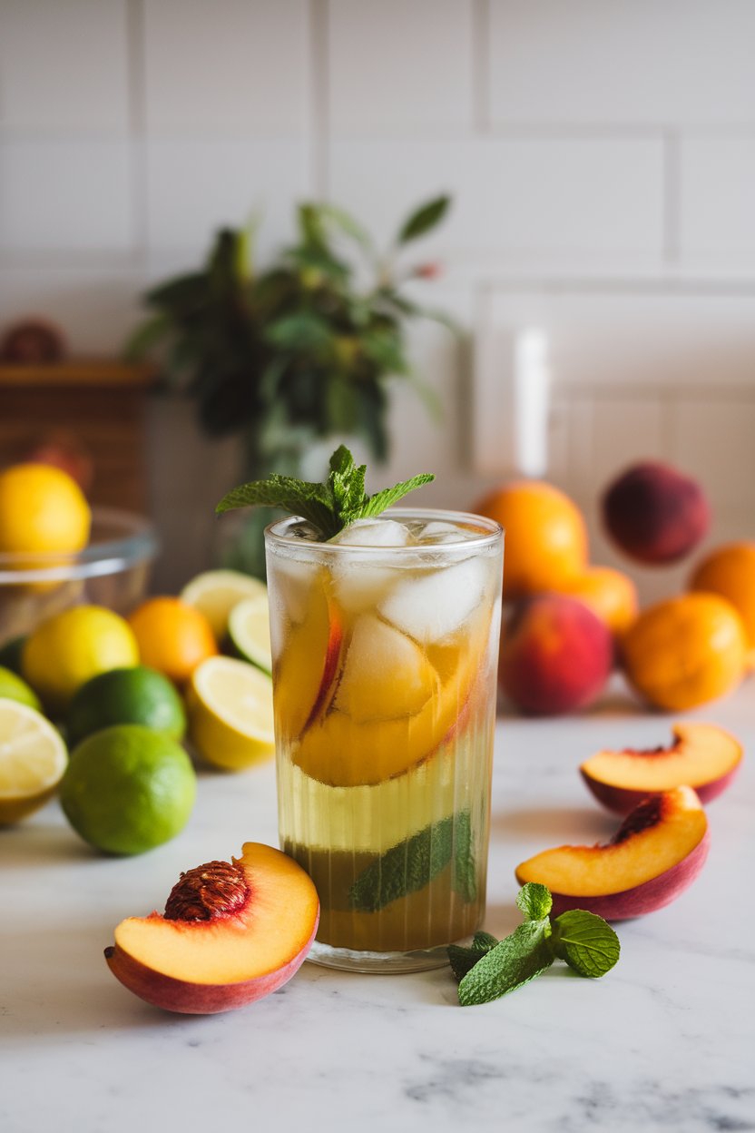 Indoor countertop showing a tall glass of iced green tea with peach slices and mint, no logos.
