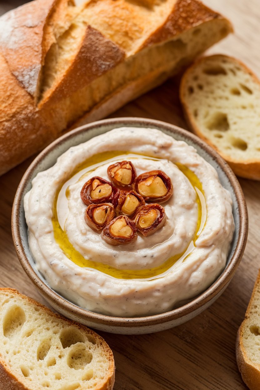 Photo prompt: Indoor small serving bowl of creamy white bean dip topped with roasted garlic cloves and olive oil drizzle, sliced baguette nearby. No text or logos. Photo, not illustration.