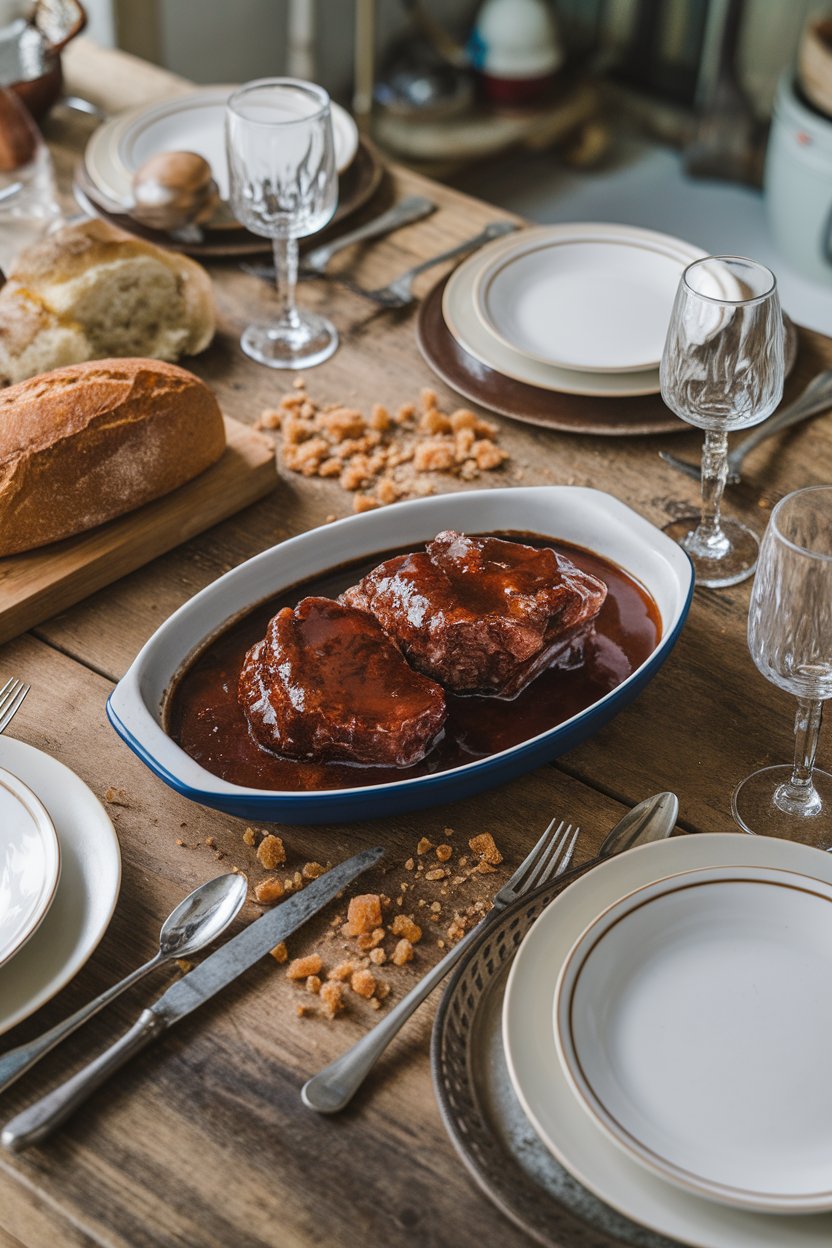 Indoor rustic table with beef glazed in glossy bourbon sauce, brown sugar crystals scattered nearby. No logos or text.