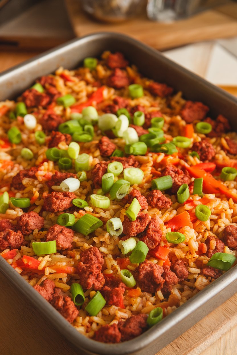 Indoor photo of a rectangular baking dish filled with seasoned rice, peppers, celery, and crumbled sausage, garnished with sliced green onions. No branding visible.