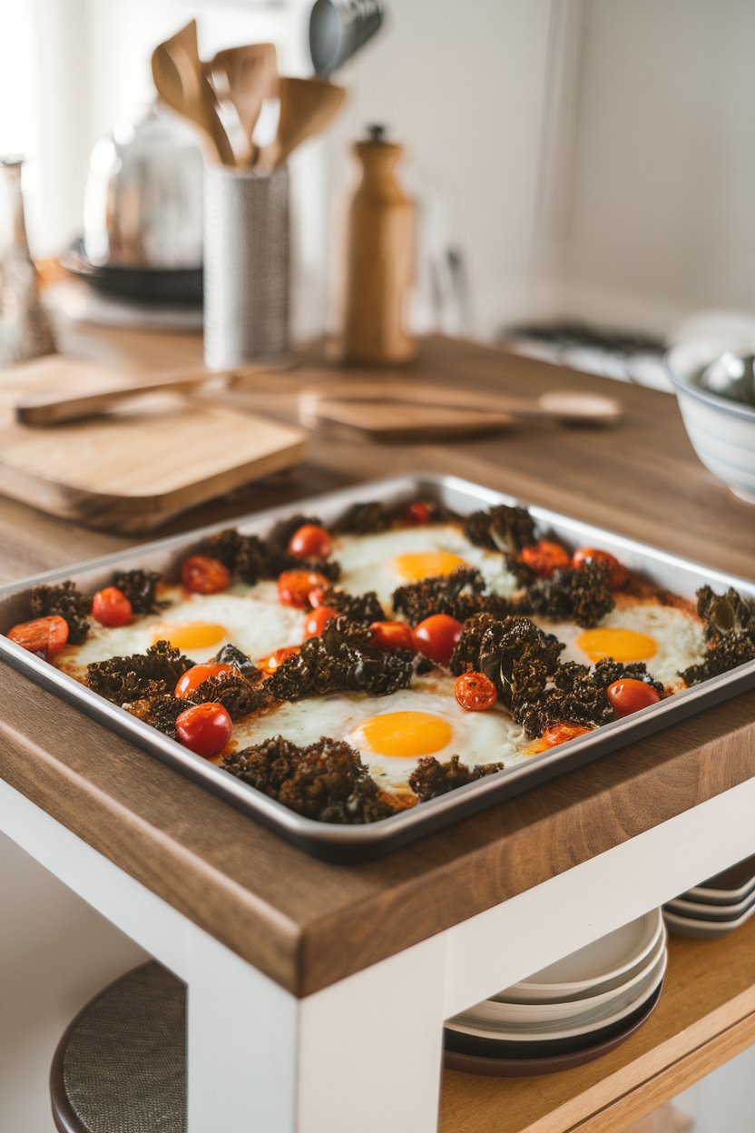 Indoor kitchen island with a sheet pan holding crispy roasted kale, cherry tomatoes, baked eggs, and melted cheddar. No text or logos.