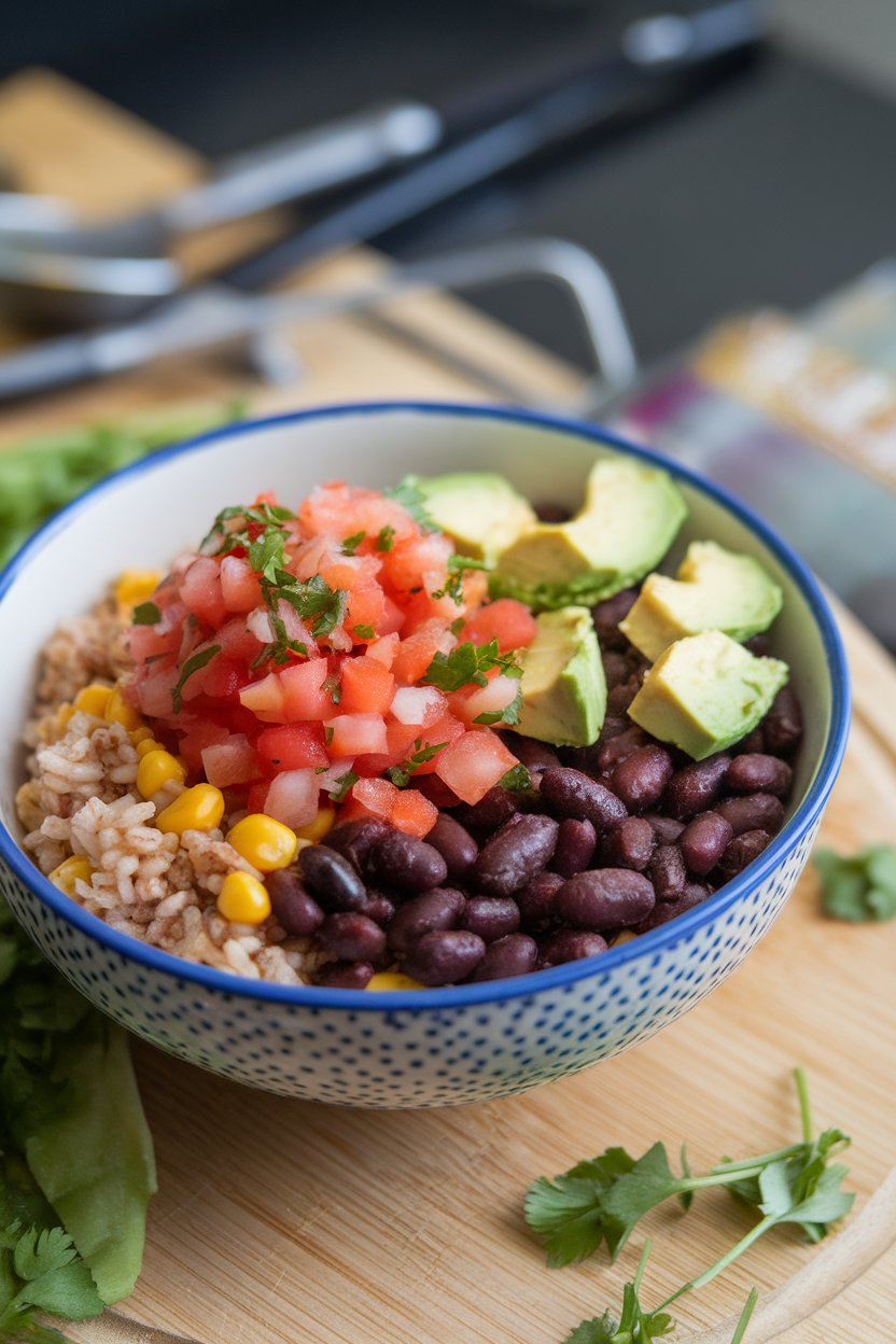 Photo indoors of a black bean and corn bowl with brown rice, pico de gallo, and avocado cubes, no logos.