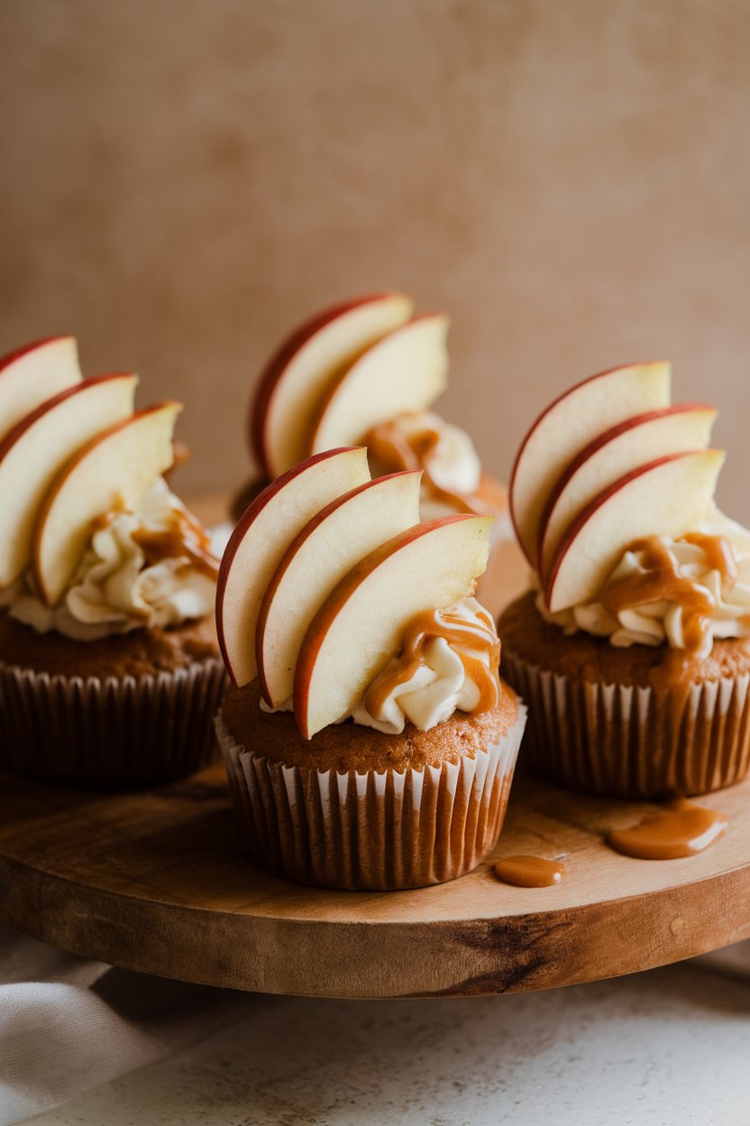 Photo of cupcakes with apple slice garnish, caramel drizzle over frosting, indoor, no text or logos