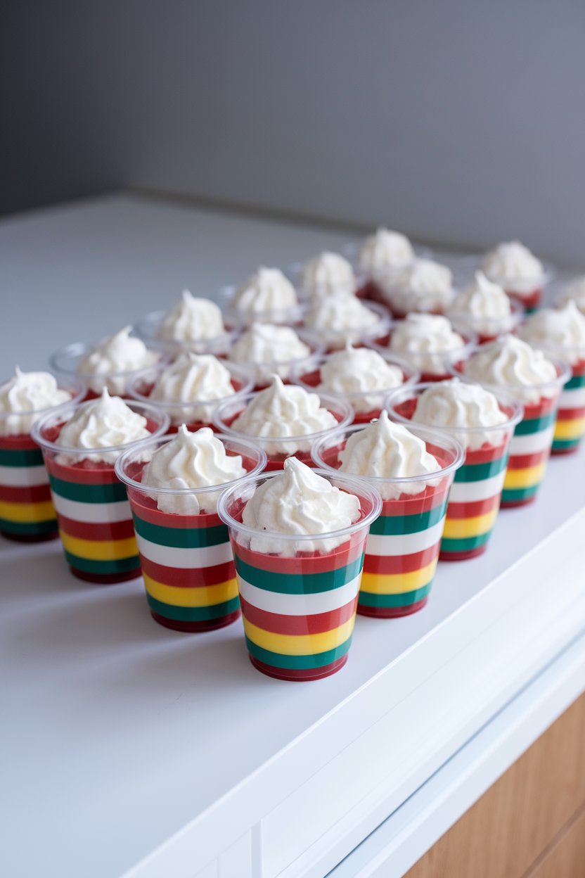 Indoor photo of clear plastic cups showing alternating layers of team-colored gelatin with whipped cream on top, arranged in a row. No text or logos.