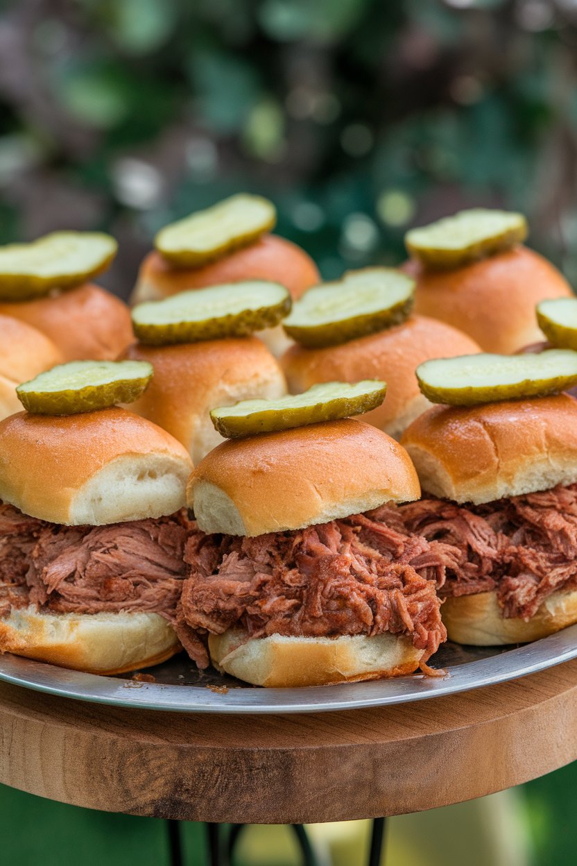Indoor platter of mini brioche buns filled with saucy pulled pork, pickle chips visible, no text or logos, photo only