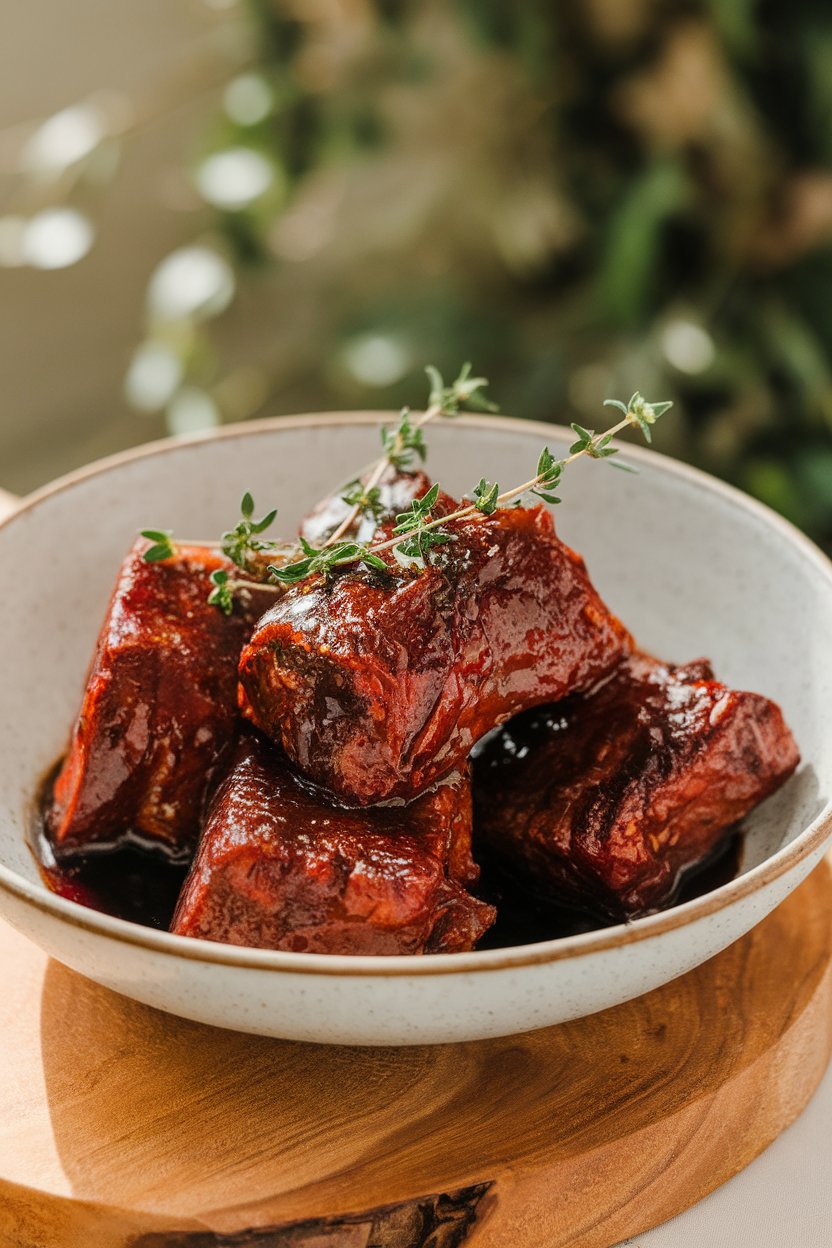 Indoor photo of a white shallow bowl filled with cooked beef short ribs bathed in a deep red wine glaze, garnished with fresh thyme sprigs; soft warm lighting; no text or logos