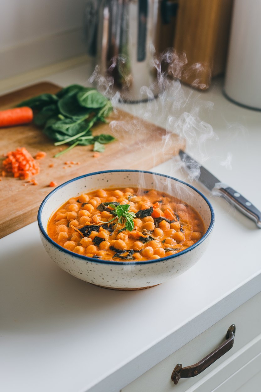 An indoor kitchen counter displaying a bowl of golden chickpea stew flecked with spinach and carrots, steam rising gently. No text or branding in the frame.
