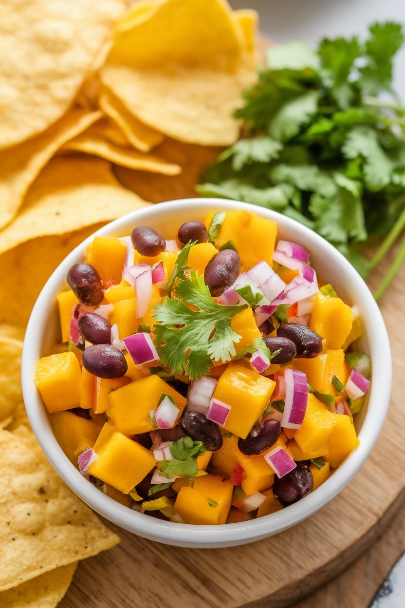 An indoor bowl of colorful salsa with mango cubes, black beans, red onion, and cilantro, tortilla chips beside—no text or logos. Photo, not illustration.
