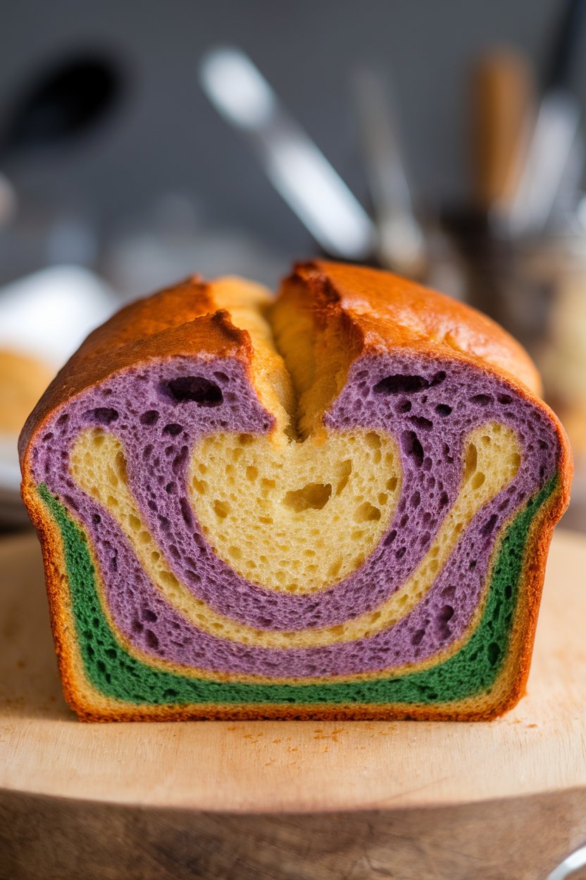 Indoor loaf sliced to show purple, green, and gold batter swirls; no text or logos.