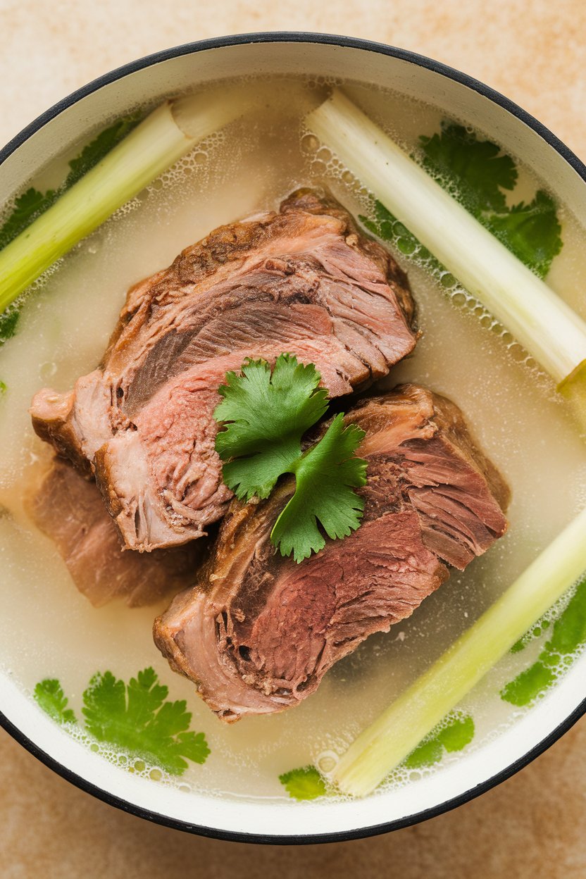 Indoor photo of short ribs in light coconut broth with lemongrass stalks, cilantro garnish; no text or logos