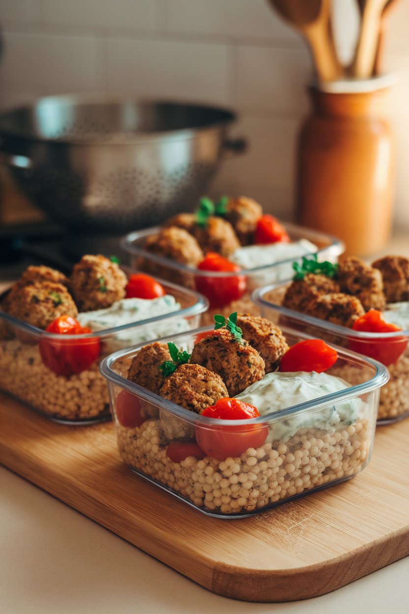 Indoor photo of baked turkey meatballs, pearl couscous, cherry tomatoes, and tzatziki arranged in meal-prep containers. No text or logos.