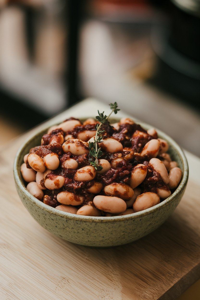 An indoor bowl of pinto beans coated in dark jerk seasoning sauce, sprig of thyme on top. No text or logos.
