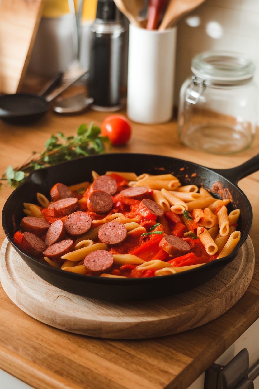 An indoor kitchen island displaying a skillet of cooked penne, sliced Italian sausage, and bell peppers in tomato sauce. No text or logos.