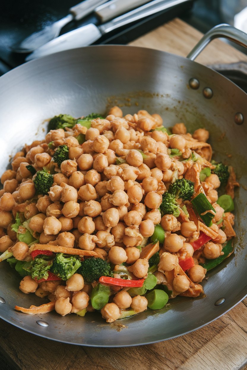 An indoor wok shot of chickpeas and mixed vegetables coated in light Thai peanut sauce; no text or logos. Photo only.