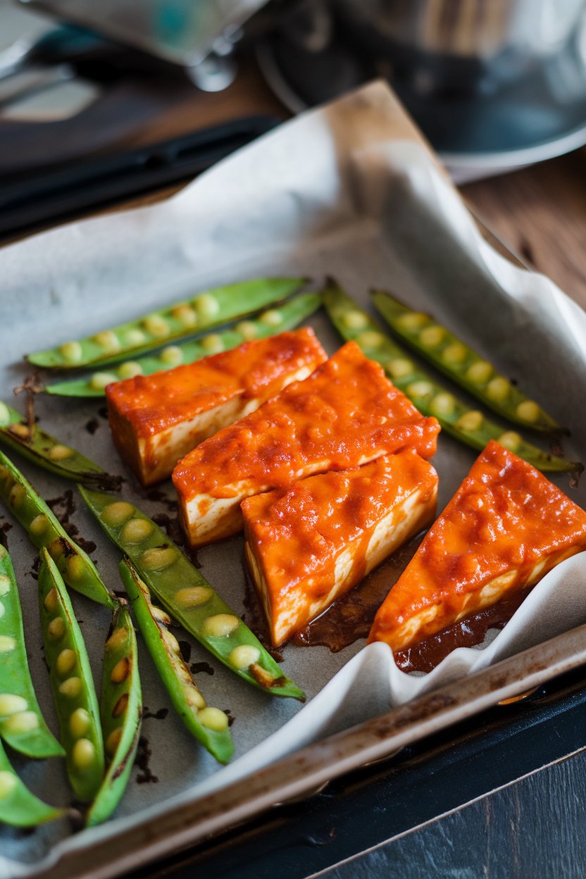 Indoor photo of tofu triangles coated in sticky orange glaze, bright green snow peas roasted alongside on a parchment-lined pan. No text or logos.