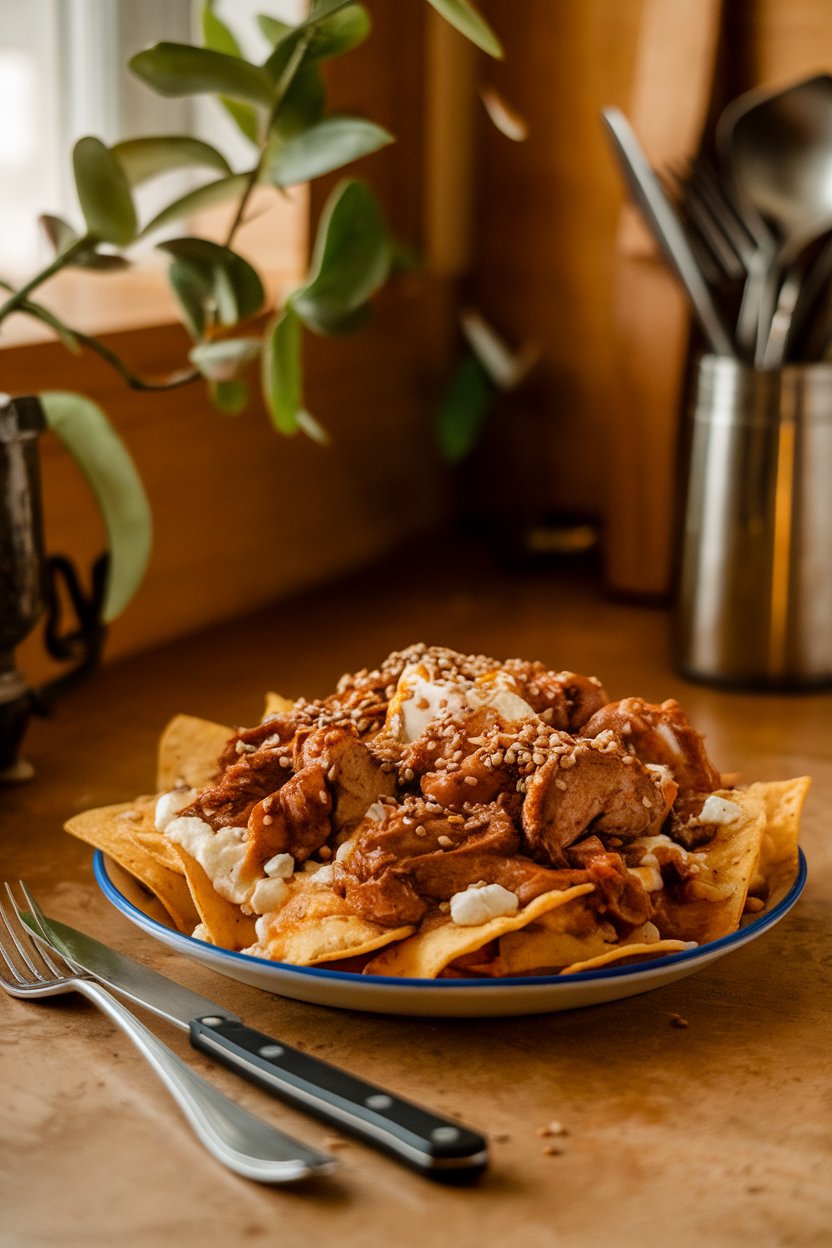 Warm indoor countertop with nachos topped with mole-braised chicken, queso fresco, and sesame seeds; no text or logos, photo not illustration.
