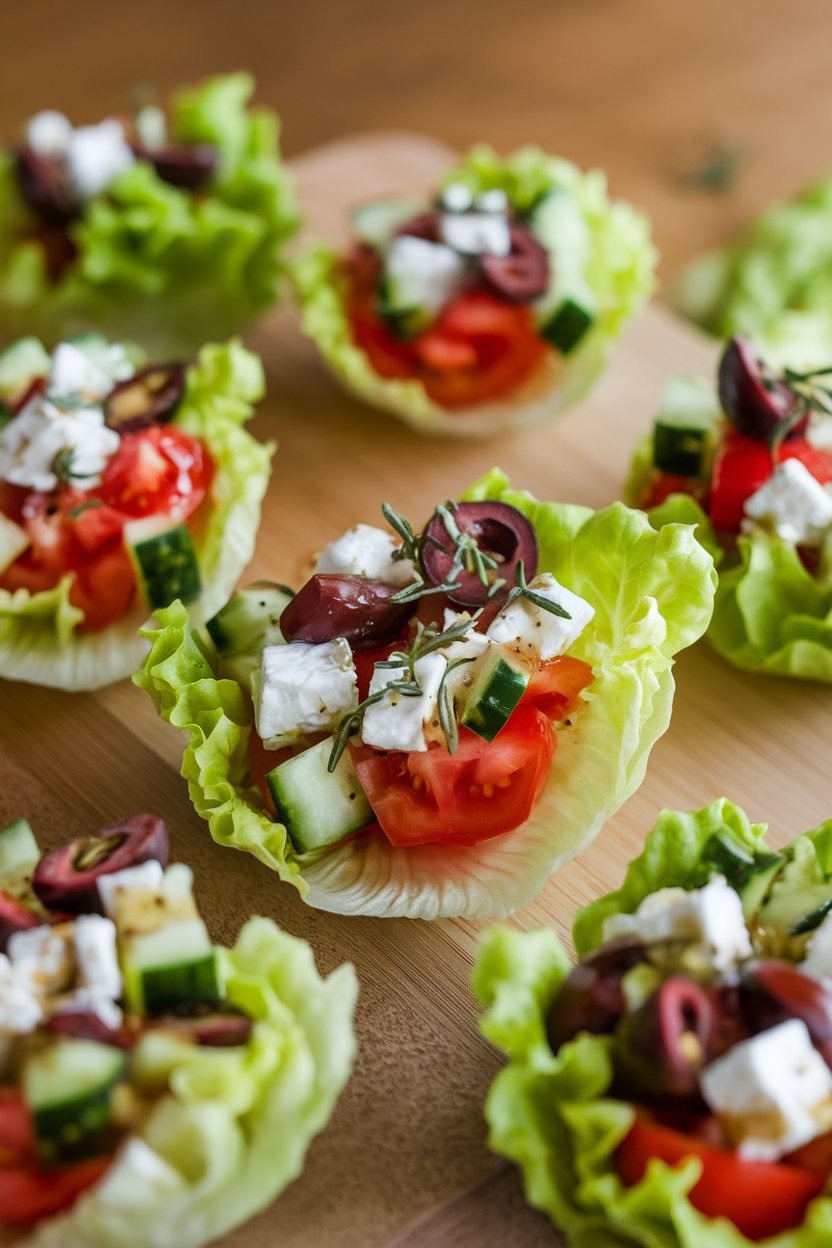 Indoor photo of small lettuce cups filled with chopped cucumber, tomato, feta, and olives, drizzled with oregano vinaigrette. No text or logos visible.