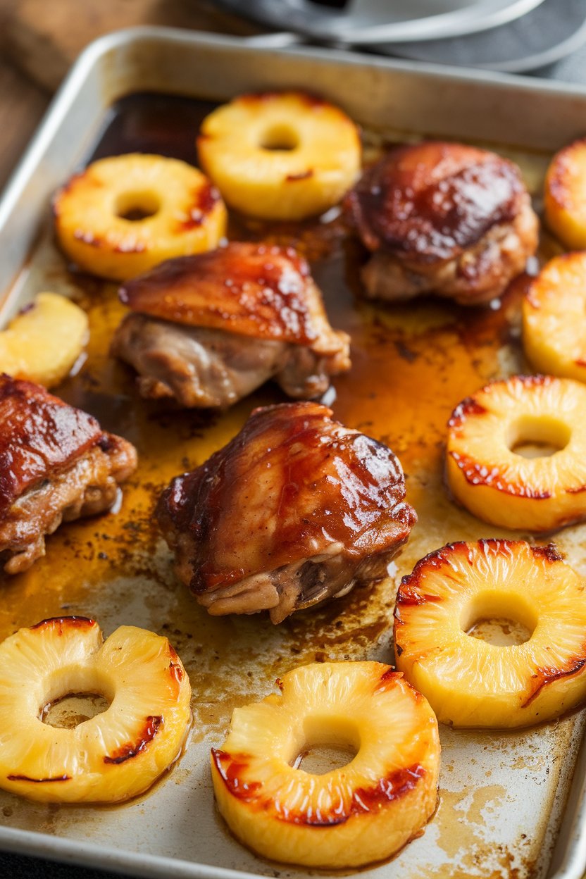 Indoor photo showing cooked teriyaki-lacquered chicken thighs beside roasted pineapple chunks on a sheet pan, glossy glaze pooling slightly. No text or logos.