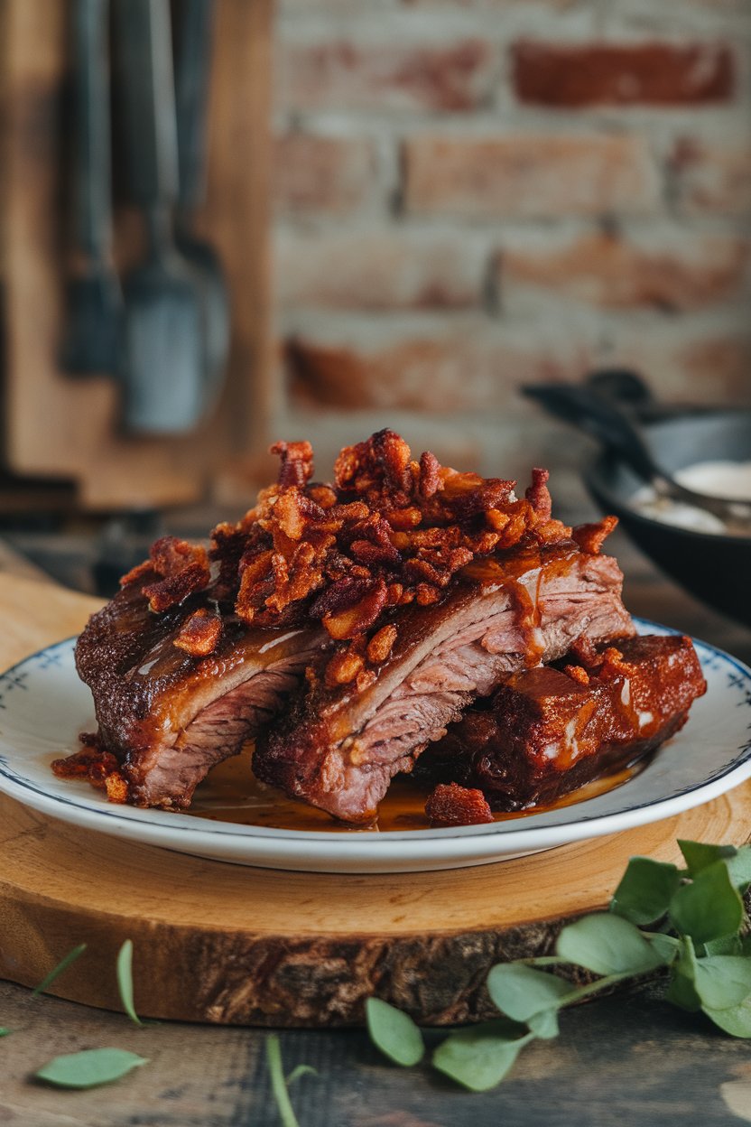 Indoor photo of short ribs with bits of crispy bacon and maple glaze; no text or logos