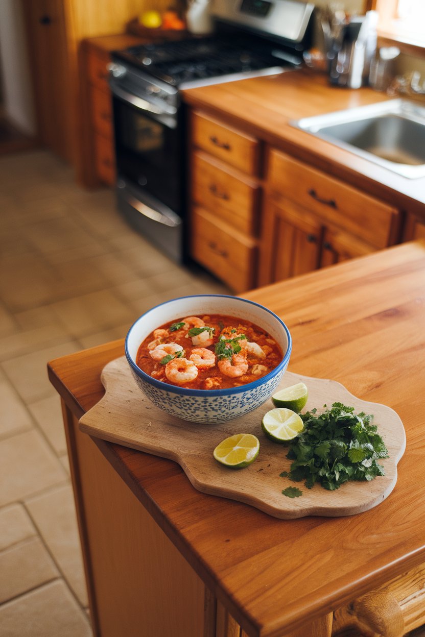 An indoor kitchen island presenting a bowl of shrimp chili with lime wedges and chopped cilantro. No logos or text.