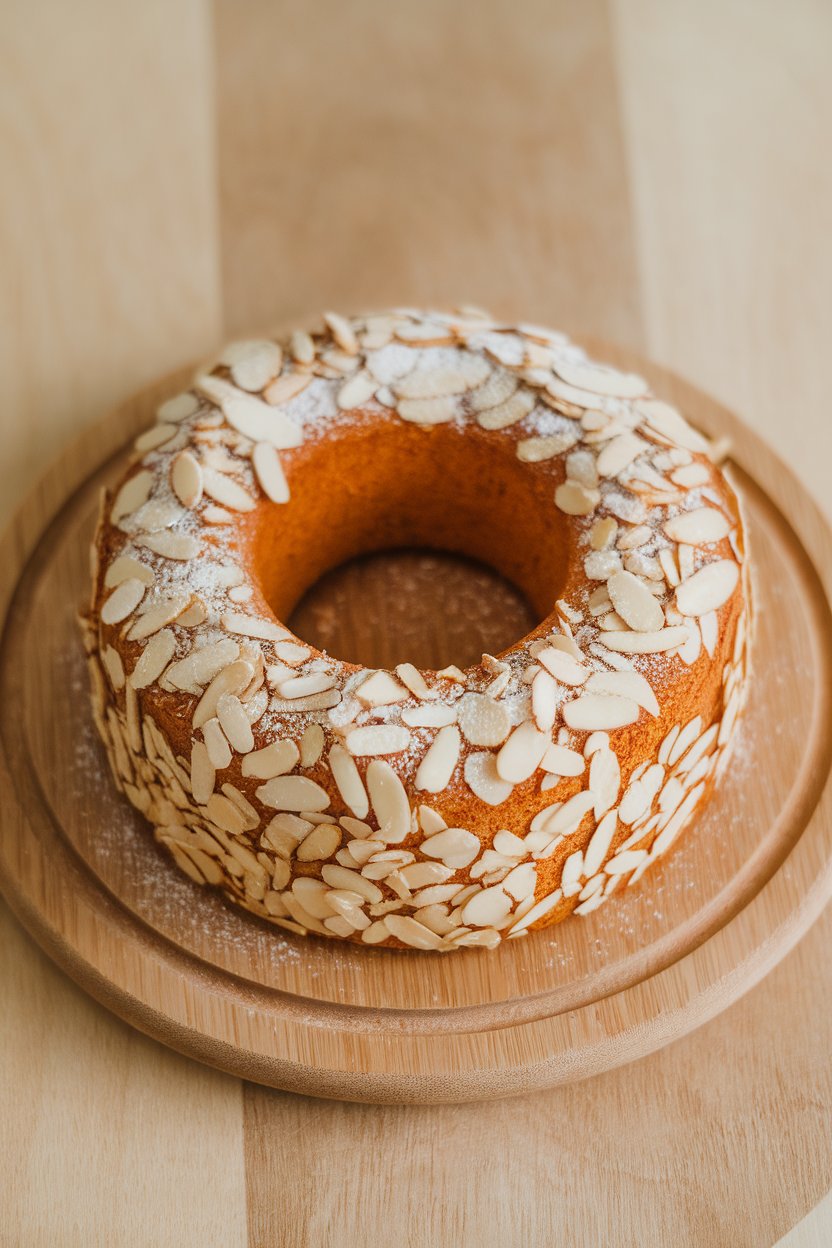 Indoor shot of a smaller ring cake topped with slivered almonds and powdered erythritol; no text or logos.