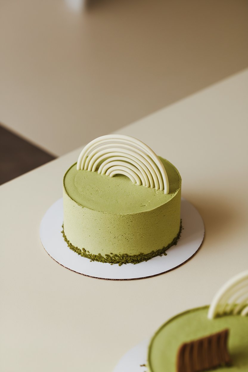 A minimalist indoor plate with a sleek green matcha mousse cake, white chocolate half-field design on top—no text or logos.
