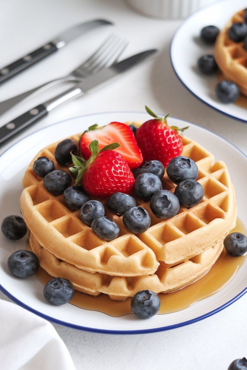 Indoor breakfast scene featuring a golden waffle made from protein batter, topped with fresh blueberries and strawberries, small syrup drizzle on the side. No logos or text present.