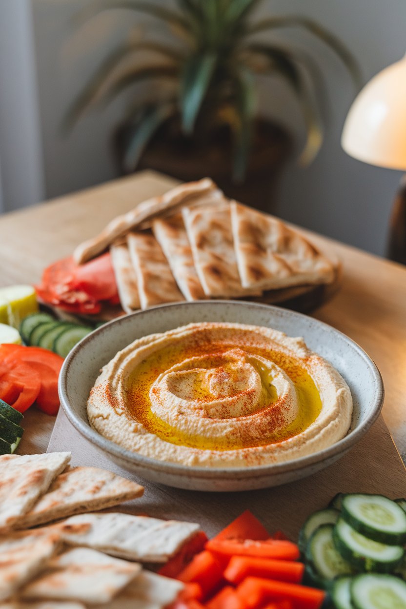 An indoor dining table featuring a shallow bowl of classic hummus drizzled with olive oil and sprinkled with paprika, surrounded by pita wedges and sliced veggies. No text or logos. Photo, not illustration.