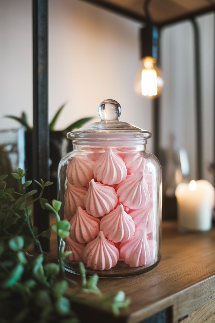 An indoor glass jar filled with pink meringue kisses, subtle swirl pattern visible, no text or logos.