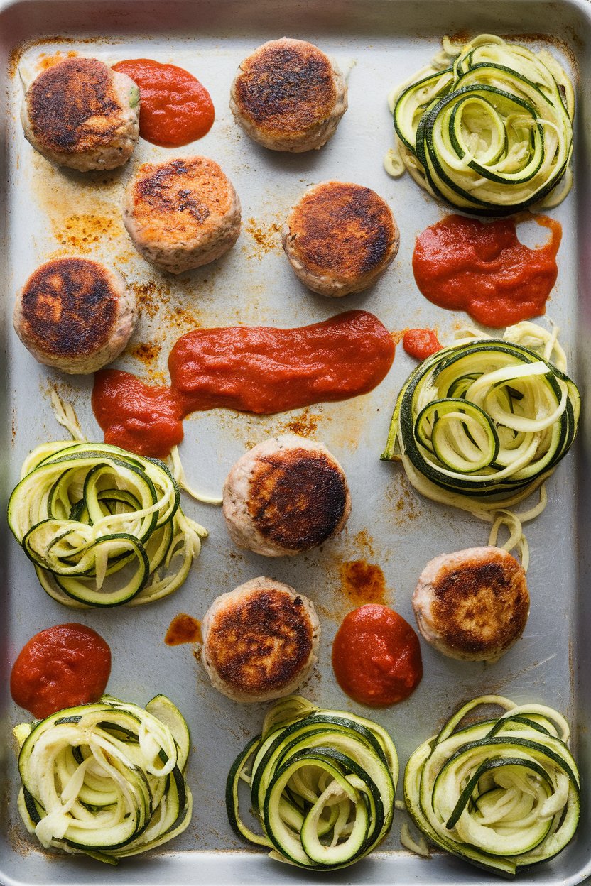 Indoor photo of browned turkey meatballs, roasted zucchini noodle nests, and spoonfuls of marinara dotted across a sheet pan; no logos