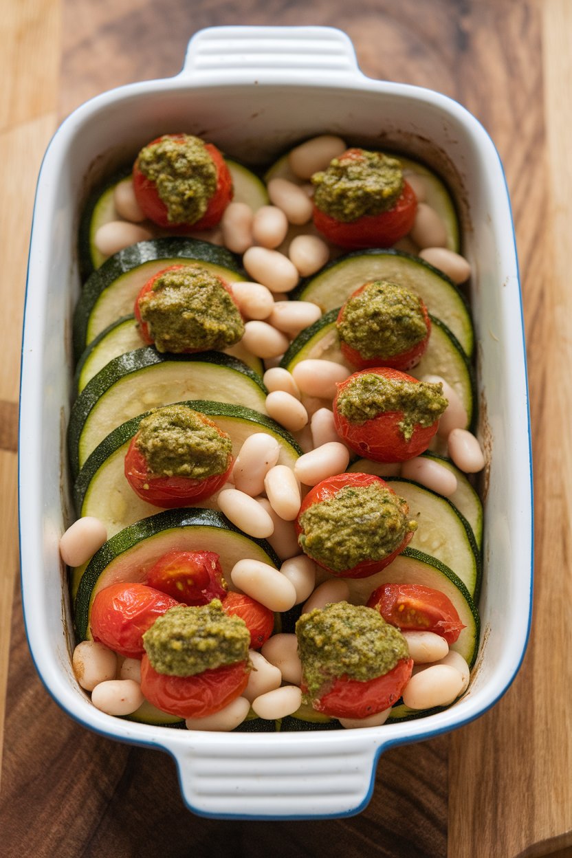 Indoor photo of a small casserole dish layered with sliced zucchini, cannellini beans, cherry tomatoes, and dollops of basil pesto, lightly browned. No text or logos.