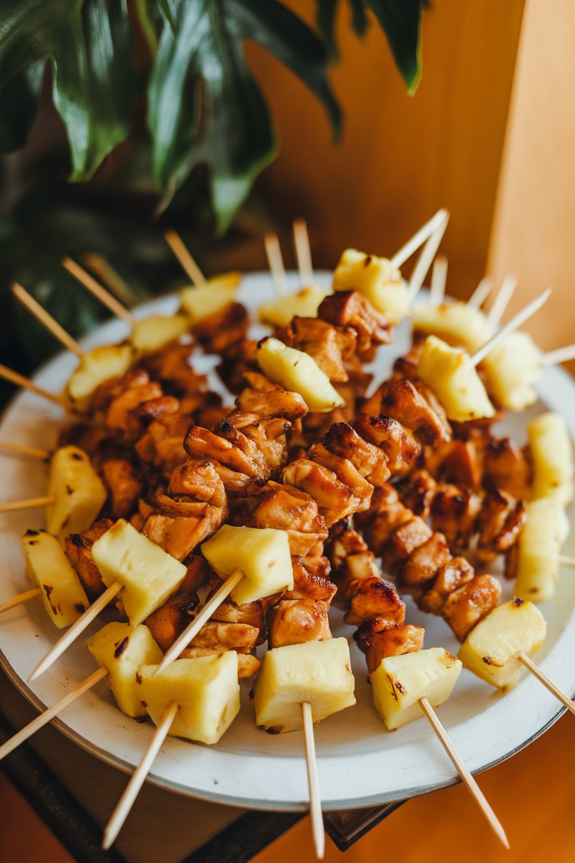 Indoor photo of wooden skewers threaded with cooked teriyaki-glazed chicken chunks and pineapple pieces on a white platter; no text or logos.