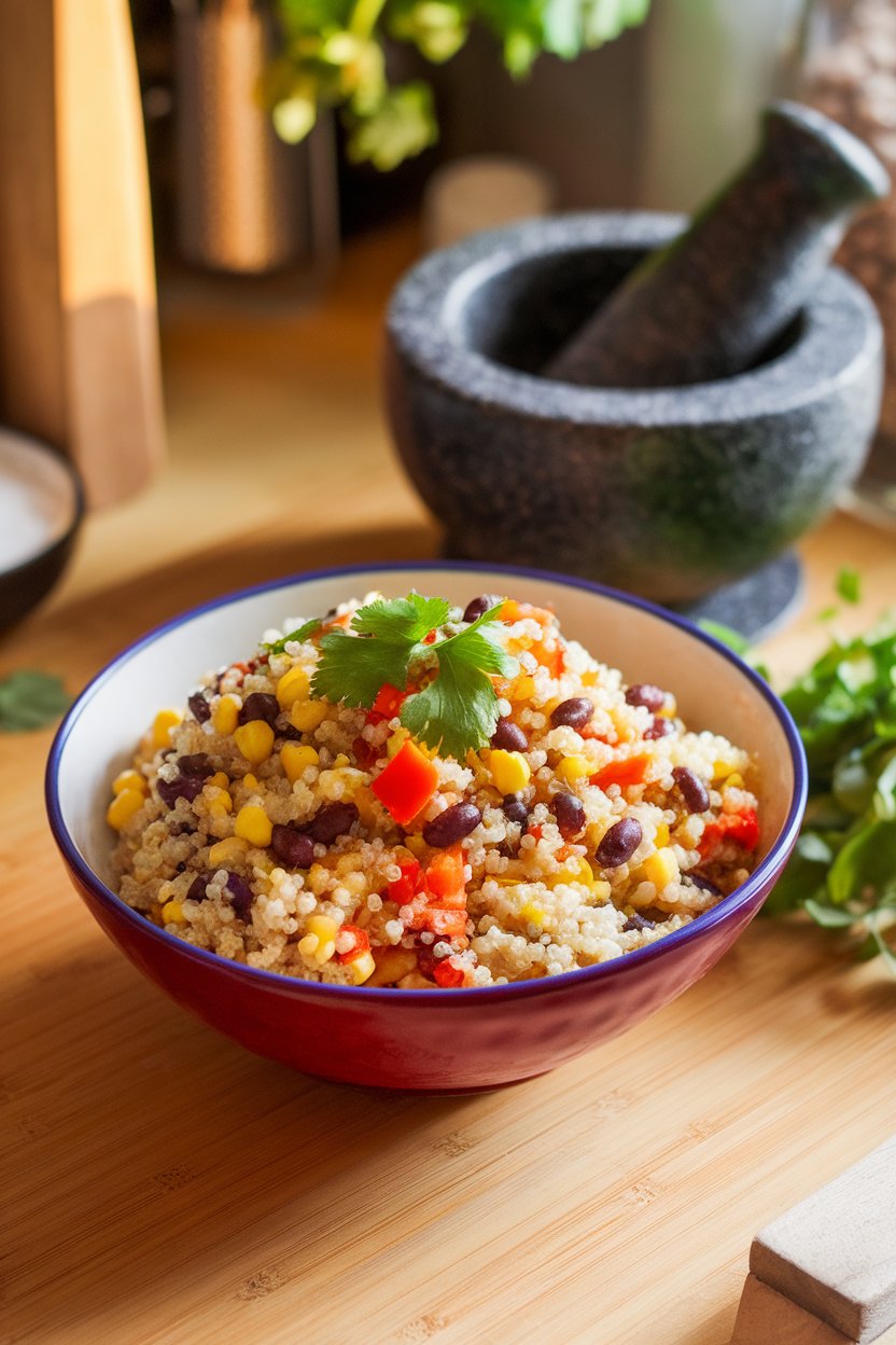 An indoor countertop scene showing a colorful bowl of quinoa tossed with black beans, corn, diced bell peppers, and cilantro. Warm lighting; no visible text or logos.
