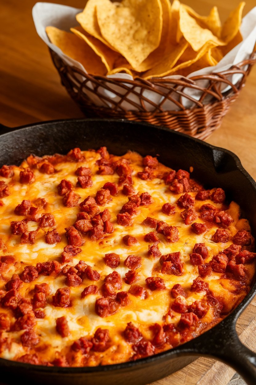 An indoor cast-iron skillet of bubbly melted cheese flecked with chorizo, a basket of tortilla chips alongside. No logos or text.