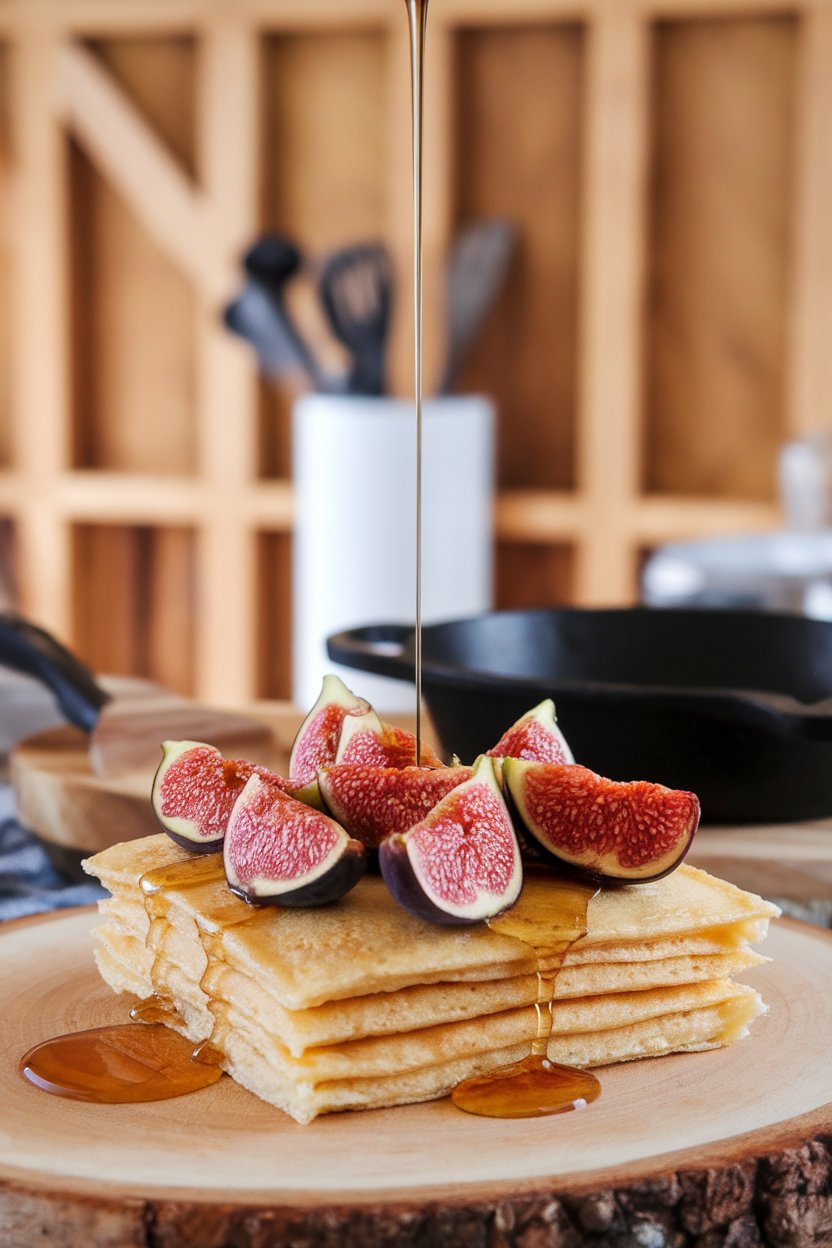 Pancake square topped with sliced fresh figs and a light honey drizzle, indoor rustic kitchen scene, no text or logos.