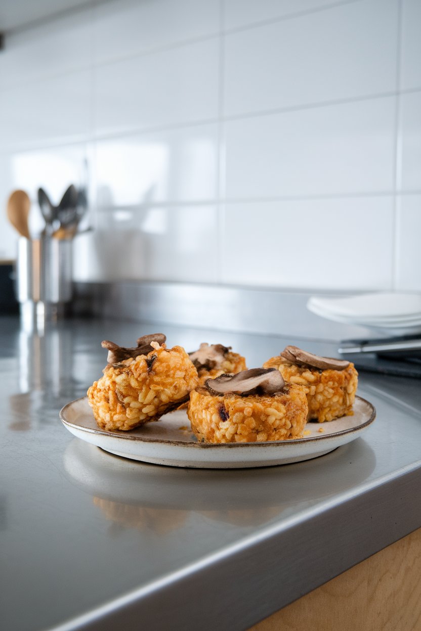 Indoor counter displaying crispy risotto cakes with visible mushroom pieces. No text or logos.