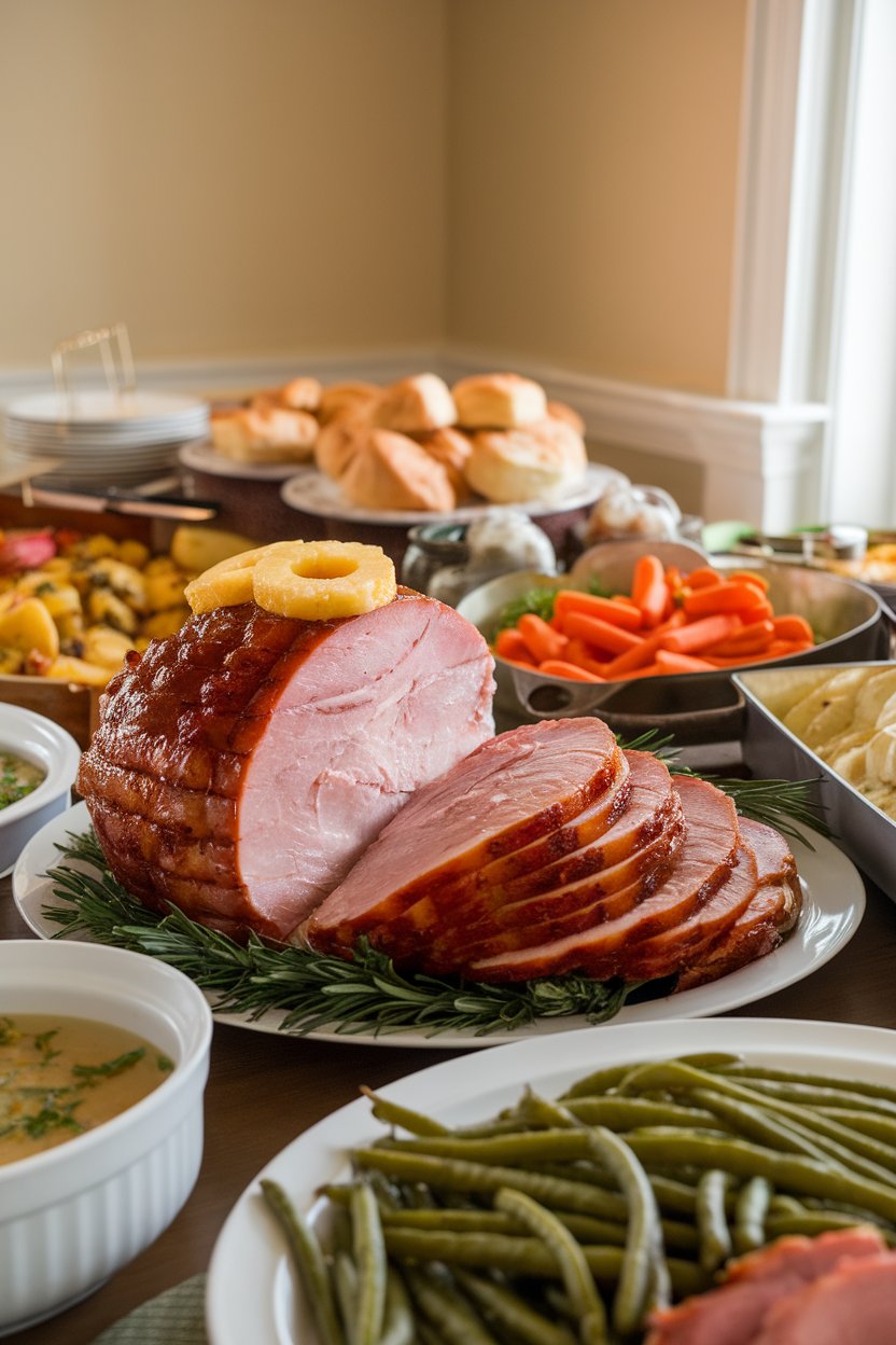 An indoor buffet table featuring sliced maple-Dijon glazed ham with a glossy finish, garnished with pineapple rings. No text or logos. Photo.