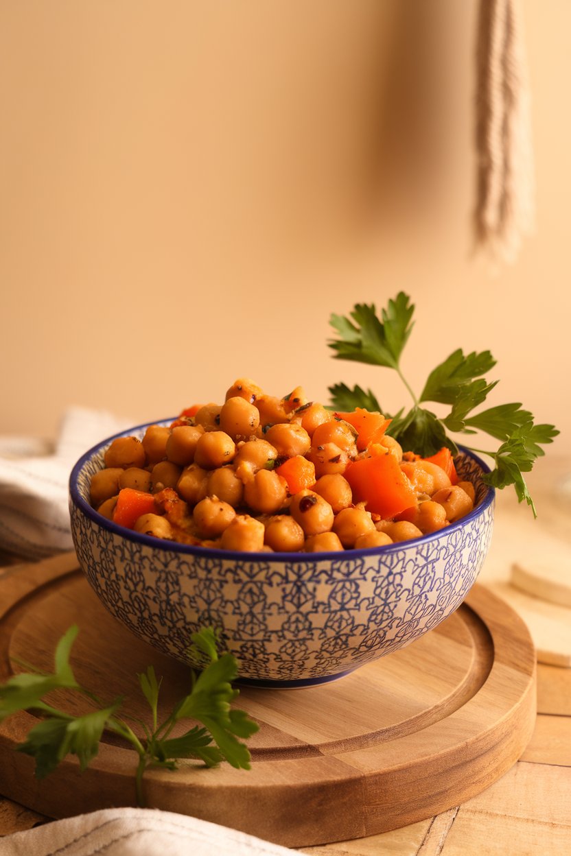 An indoor scene with a patterned bowl full of spiced chickpeas, apricots, and carrots in golden sauce, garnished with parsley. No text or logos.