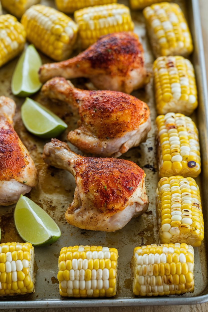 Indoor photo of chili-lime rubbed chicken drumsticks, small corn-on-the-cob segments roasted on the sheet pan, lime wedges present. No text or logos.