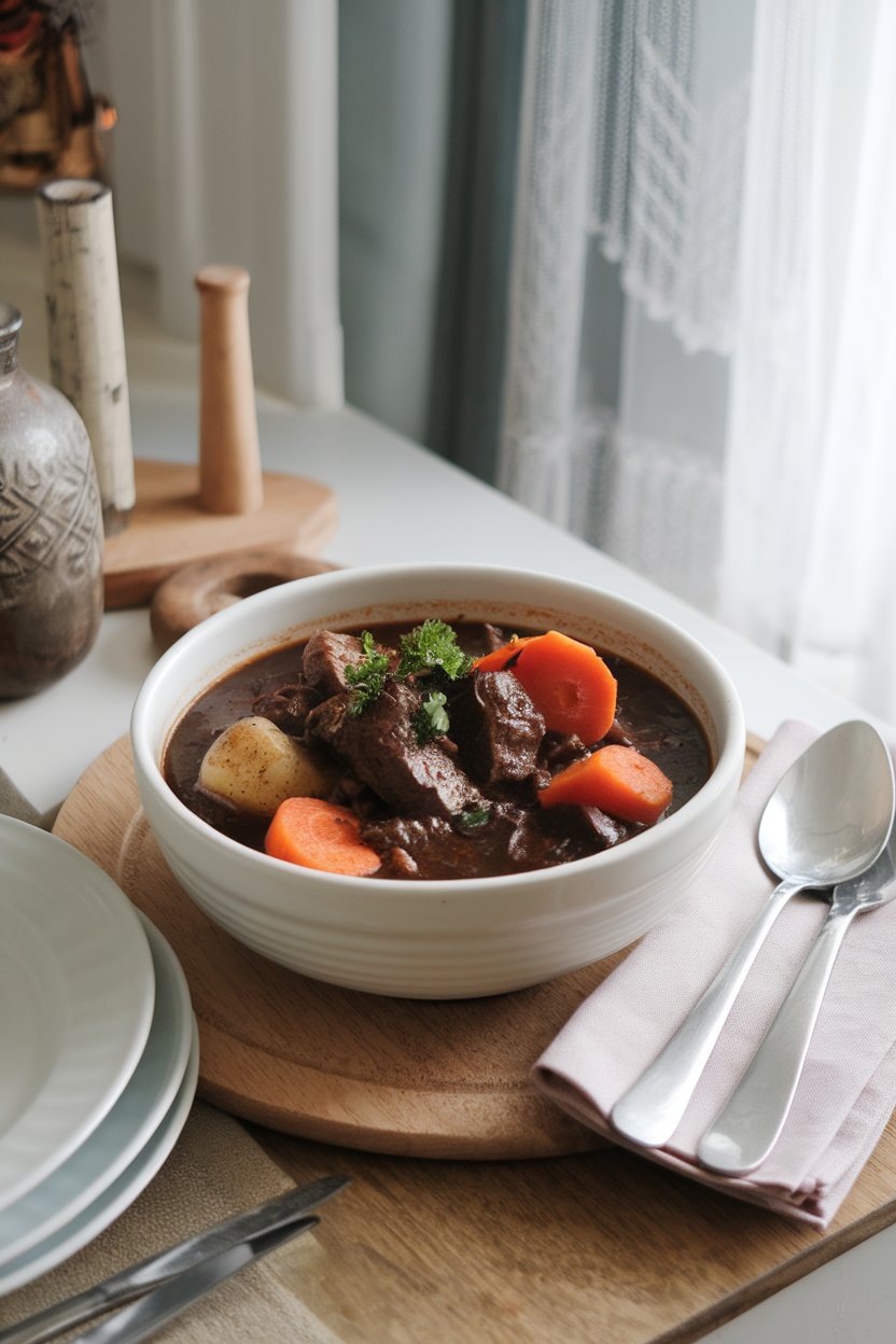 An indoor dining table scene featuring a bowl of dark, hearty beef and beer stew with carrots and potatoes, garnished with parsley; photo only, no text or logos.