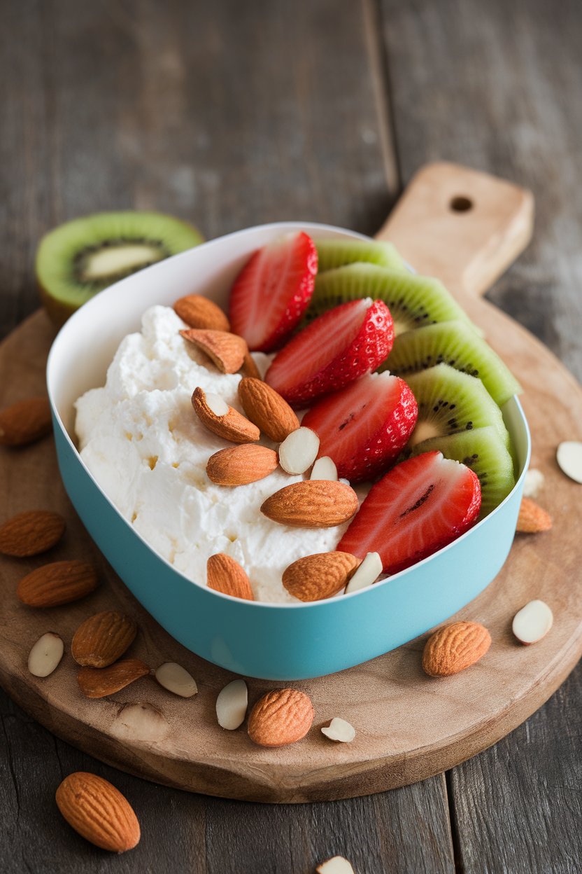 Indoor photo of a bento-style container with cottage cheese, sliced strawberries, almonds, and kiwi, no text.