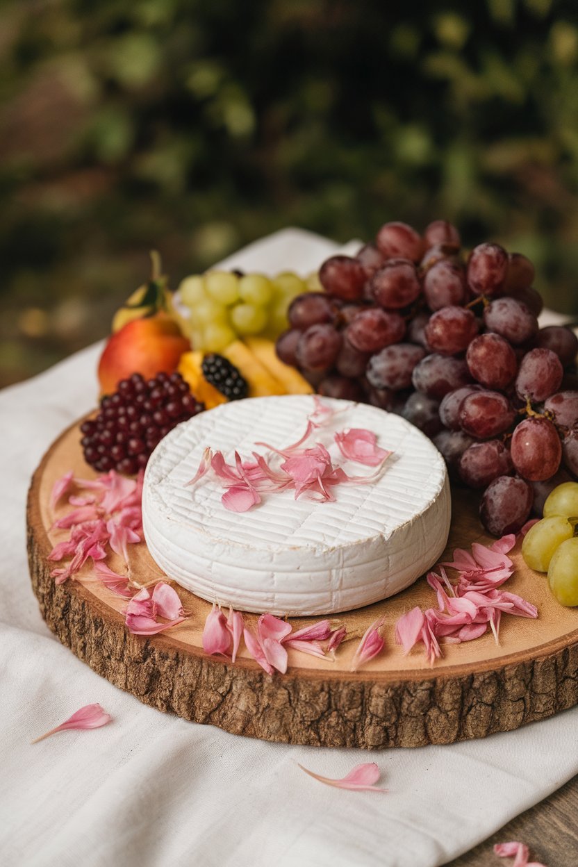 Indoor close-up of pink edible flower petals scattered delicately around cheese and fruit on a board. Photo, no text or logos.
